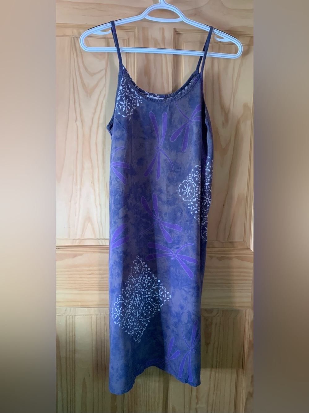 Blue Gecko Batik Style Sleeveless Blue Violet Floral Dragonflies Dress M/L (s/m)